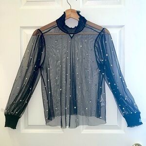 Black tulle sheer pearl embellished Forever 21 top